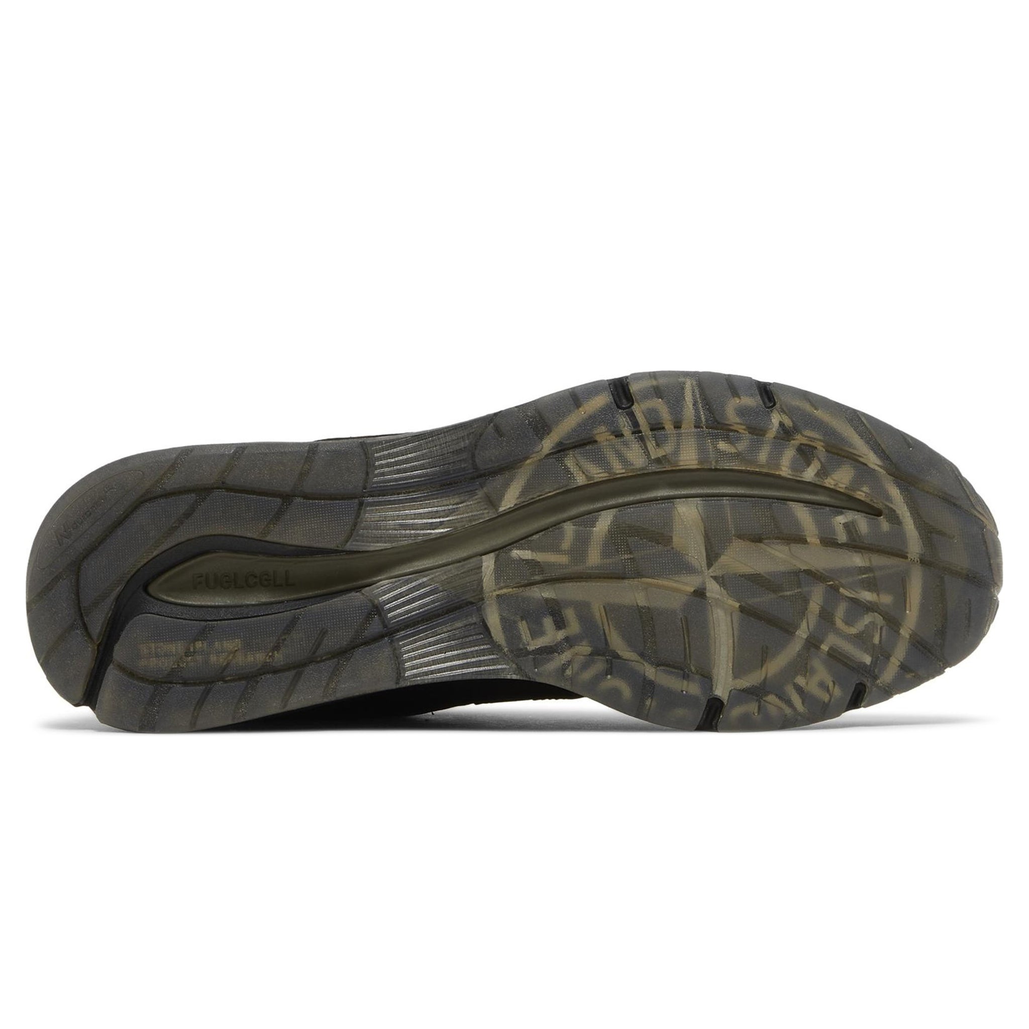 Sole view of Stone Island x New Balance 991v2 MiUK Black Olive U991SD2